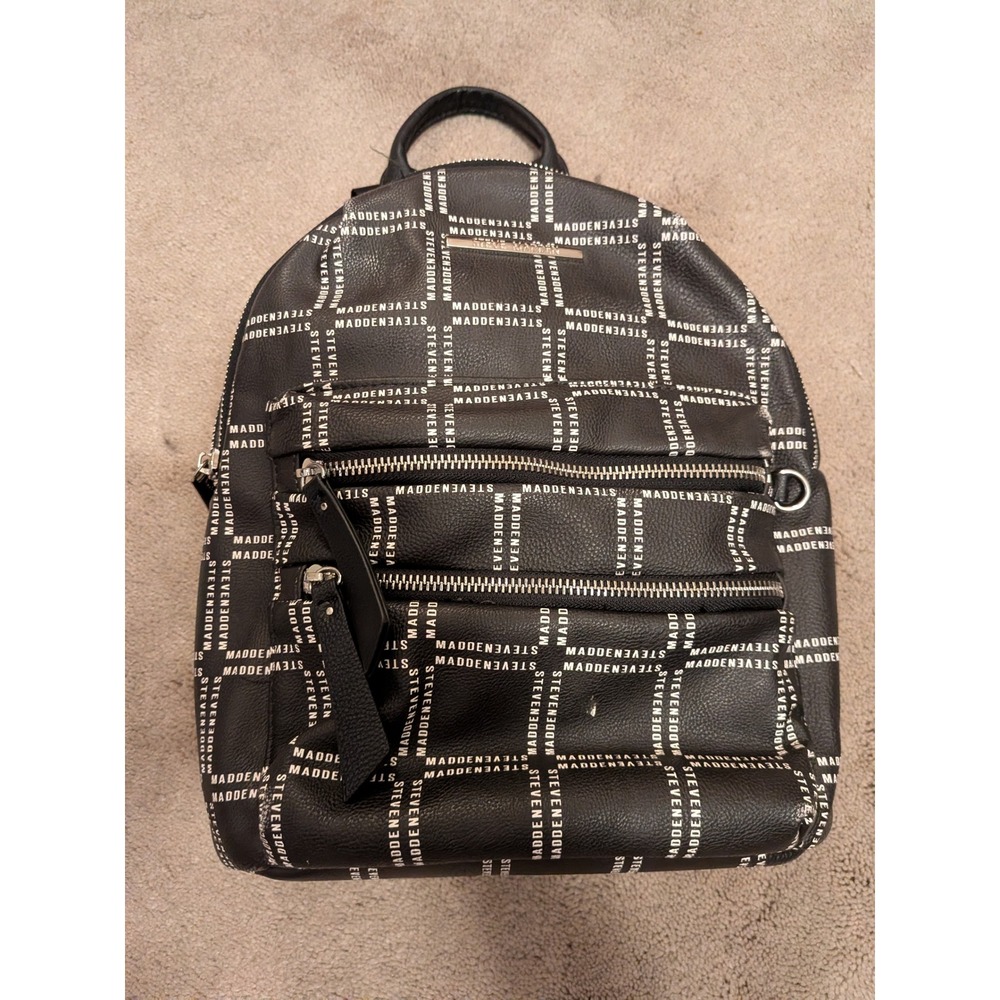 Steve‎ Madden Black Logo Print Pebbled Leather Backpack Front Zip Pockets